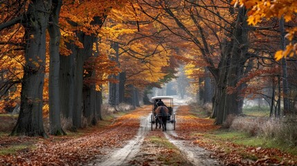 Fototapeta premium A rustic country road lined with tall trees and colorful autumn leaves. A horse-drawn carriage is seen traveling down the road, adding to the charm of the scene. The image captures the timeless and