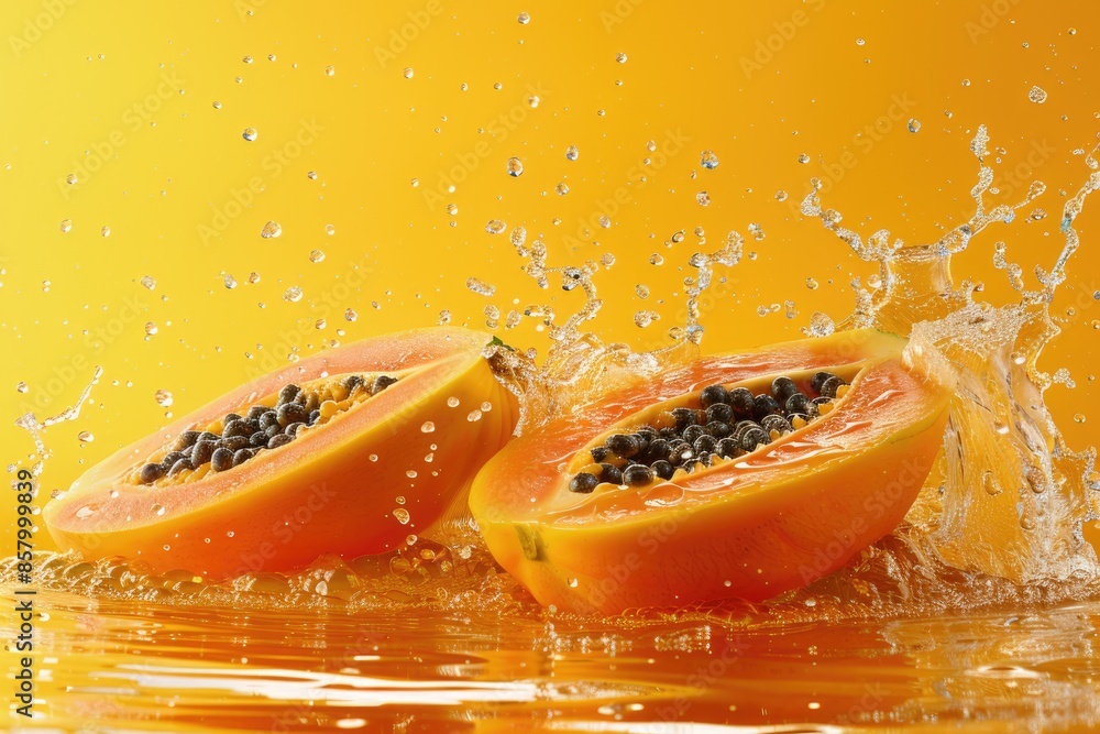 Poster two pieces of orange fruit are floating in a pool of water. the fruit is sliced open and the water i