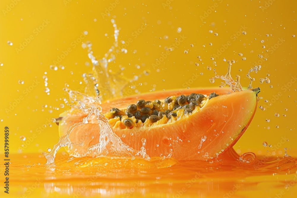 Poster a slice of orange with a few seeds on it is in a bowl of water. the water is splashing out of the bo
