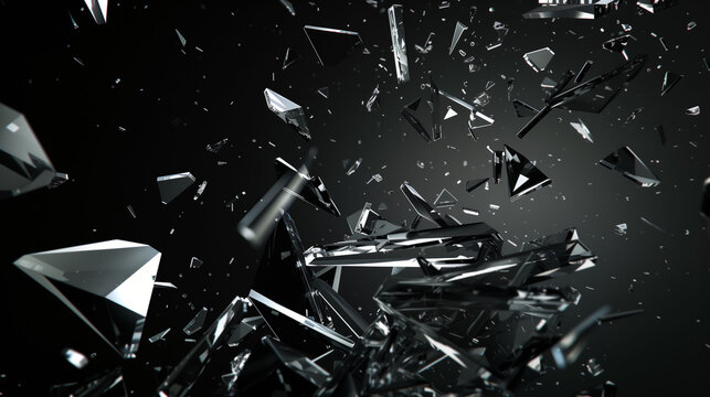 In the dark, there is an explosion of broken glass fragments flying in all directions. The background color should be black to highlight the shattered pieces. In some places, crystal shards can also a