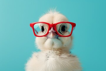 Cute chick wearing red glasses on a blue background