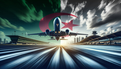 A passenger plane takes flight against a backdrop of the Algeria flag, symbolizing aviation and international travel