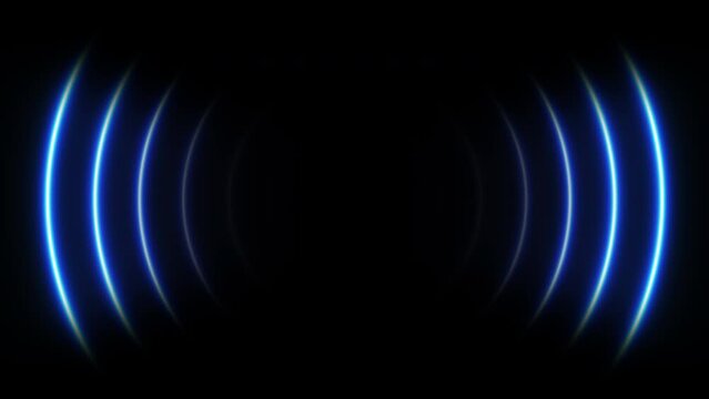 Futuristic neon background of blue glowing sound waves motion. Audio waveform visualization. Neon radar and searching process. Radial music and audio waves. Blue neon lights forming circles. 4k loop.