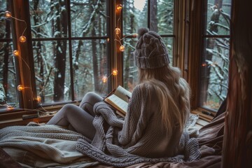 Cozy winter reading by the window with forest view