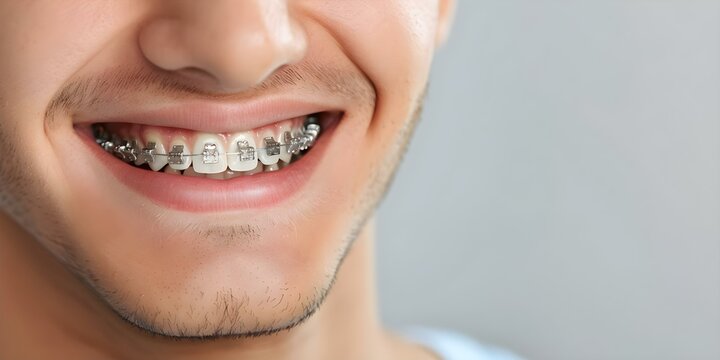 Portrait of man with braces straightening teeth showcasing beautiful smile. Concept Dental Braces, Smile Transformation, Adult Orthodontics, Confidence Boost, Before and After