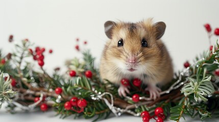 Hamster with garland on white background
