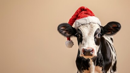 Cute cow with Christmas hat on a isolated beige background