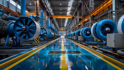 Obraz premium Large Industrial Building with Blue and White Equipment in Wet Aisle