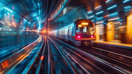 Fototapeta premium Subway Train Speeding Through Tunnel with Blurry Lights