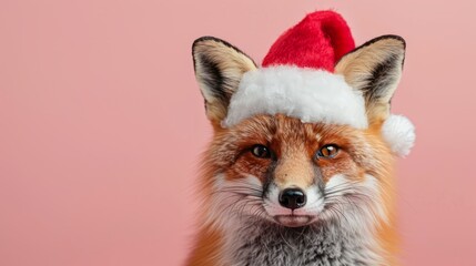 Obraz premium Fox with Christmas hat on a isolated pink background
