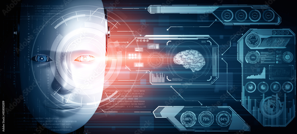 Poster mlp 3d illustration robot humanoid face close up with graphic concept of big data analytic by ai thi