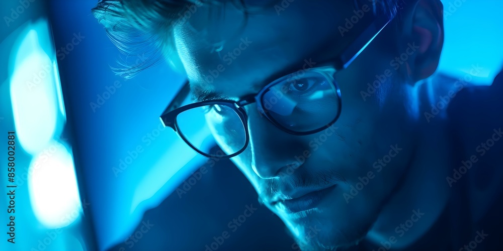 Aufkleber hackers manipulate digital history using a time machine in a bluish light. concept sci-fi, time trav