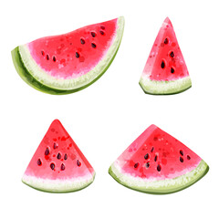 Set of watercolor watermelon slices isolated on white background. Summer fruits and berries. Vector illustration