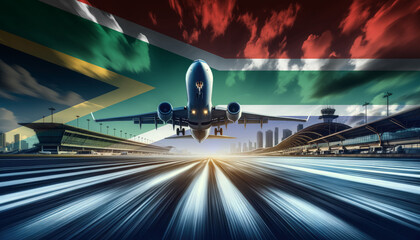 A passenger plane takes flight against a backdrop of the South Africa flag, symbolizing aviation and international travel
