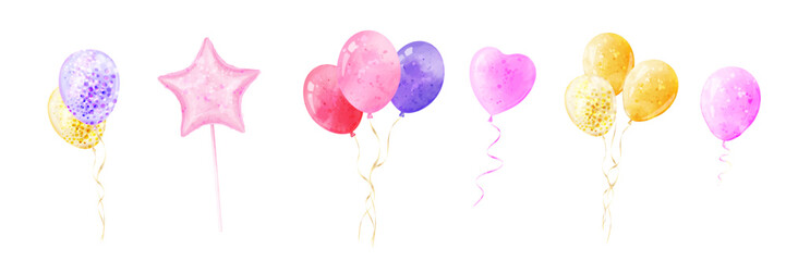 Set of vector golden yellow and multi-colored balls in watercolor style. Illustration for design  birthday, parties and celebrations, isolated on white background.