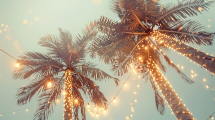 Palm trees adorned with twinkling lights