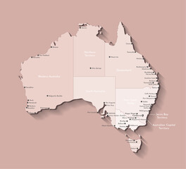 Vector modern illustration. Simplified isiolated on brown background administrative map of Australia. Names of Australian cities, borders of regions in brown colors.