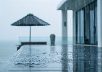 Obraz premium Rainy Day at Modern Beach House: Capturing Calmness and Serenity