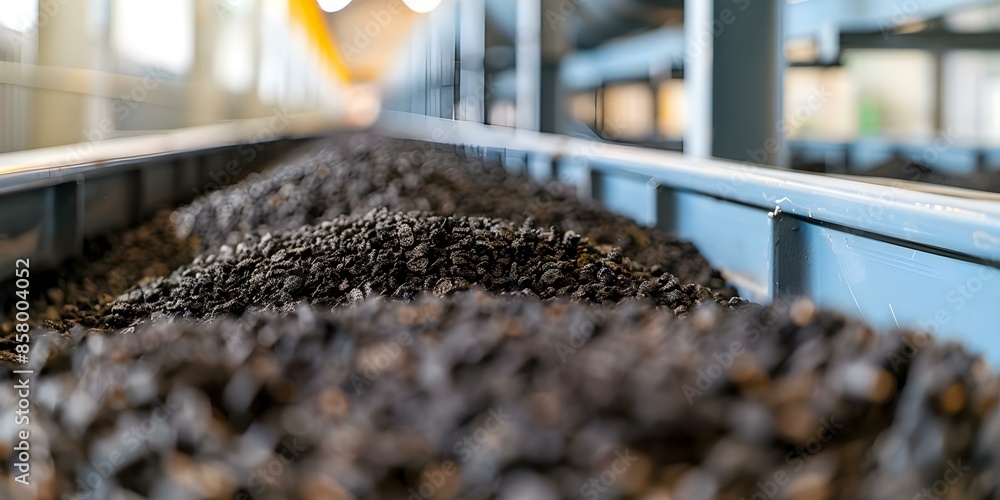 Poster biomass transported to pyrolysis reactor for biochar production using conveyor system. concept bioch