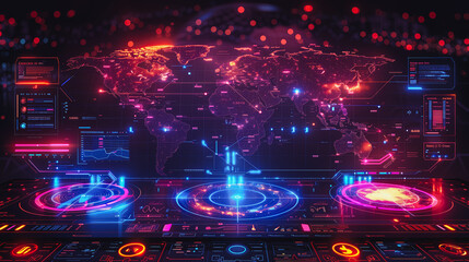 Obraz premium Futuristic command center interface displaying a global network map with glowing nodes and intricate data visualizations
