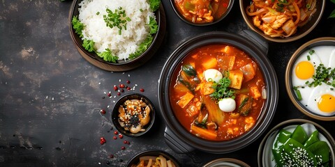 Highquality wallpaper featuring a table set with Korean Kimchi Jjigae. Concept Food Photography, Korean Cuisine, Kimchi Jjigae, Table Setting, High-quality Wallpaper