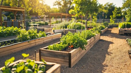 Obraz premium A community garden with raised beds and compost bins