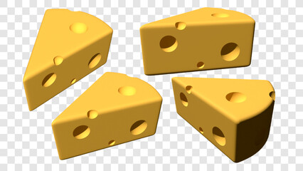 3D Yellow Cheese Pieces / Different Angle View / Isolated On Transparent Background	
