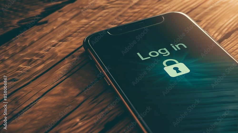 Poster a person securely logging into their smartphone, emphasizing cybersecurity and data protection.