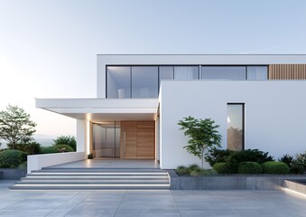 Modern Minimalist House Exterior with Glass Windows and Wooden Accents on Sunny Day