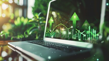 A smartphone screen displaying green grass arrows sprouting upwards, symbolizing growth and sustainability in business. Ideal for themes of eco-friendly technology and green business initiatives.