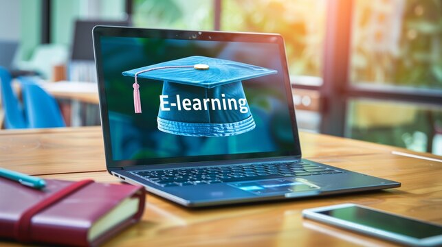 A modern e-learning concept showcasing online education tools for efficient time management, featuring a student engaging with digital resources on a laptop.