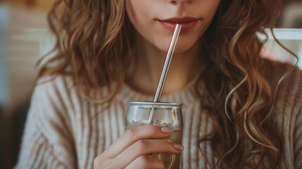 Woman carrying a stainless steel straw for drinks