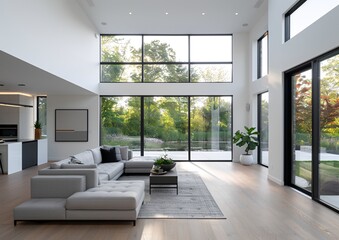 Fototapeta premium Spacious Modern Living Room with Large Windows and Natural Light, Daytime