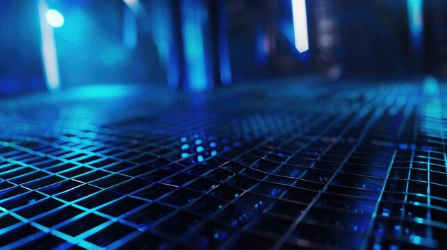 The image is a dark and mysterious data center. The floor is made of a metal grid, and the walls are lined with servers. The only light comes from the blue lights on the servers. The image is full of