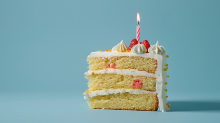 a cheerful slice of birthday cake on a blue background