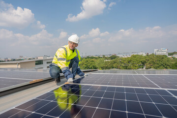 Engineer service check installation solar cell on the roof of factory. Silhouette technician...