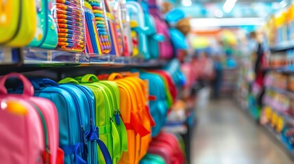 Back to school sale, colorful school supplies, vibrant displays, excited shoppers