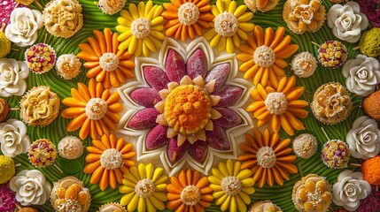 Visually appealing photo of Diwali sweets arranged in rangoli design. Festive artistry concept
