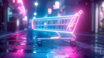 Futuristic neon shopping cart illuminates city streets with vibrant colors
