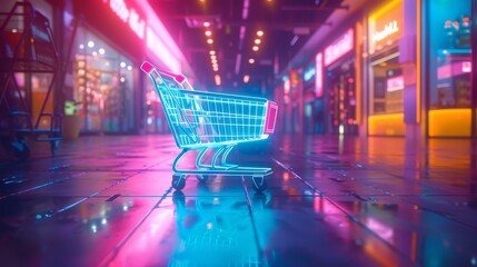 Futuristic neon shopping cart illuminates city streets with vibrant colors
