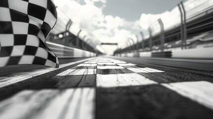 Wide-angle view, Black and white checkered racing flag, 3D render, photorealistic, fluttering majestically against a clear sky background