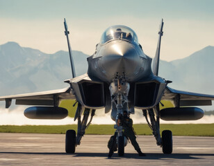 Fototapeta premium Un aereo militare fermo sulla pista, con il cielo azzurro e nuvole bianche. 