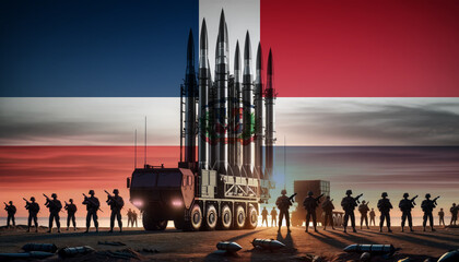 Silhouetted soldiers stand ready as a missile launcher stands tall against the backdrop of the Dominican Republic flag, representing national defense and security