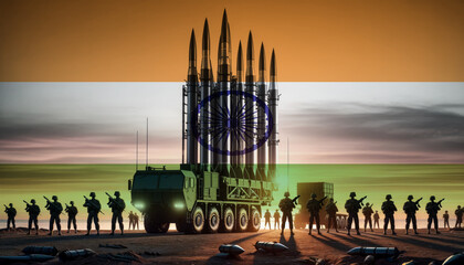 Silhouetted soldiers stand ready as a missile launcher stands tall against the backdrop of the India flag, representing national defense and security