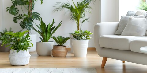 Fototapeta premium Gorgeous living room decorated with an assortment of potted plants. Concept Home Decor, Potted Plants, Indoor Greenery, Stylish Living Room, Nature-Inspired Design