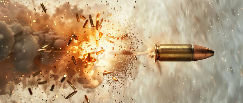 Birds-eye view, intense close-up of a bullet casing ejecting from a gun, capturing powerful motion, Olympic shooting event, photorealistic with meticulous details, digital art technique