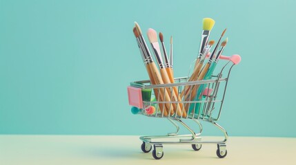 Art supplies in a shopping cart, on turquoise background