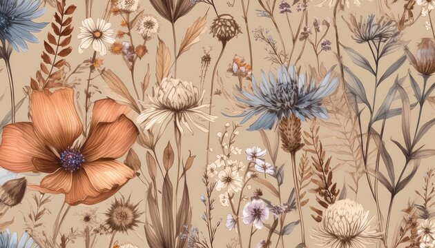 Vintage botanical illustration of wildflowers and plants, seamless pattern