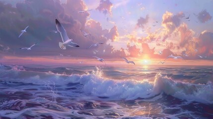 Obraz premium Seagulls Flying at Sunset Over Waves