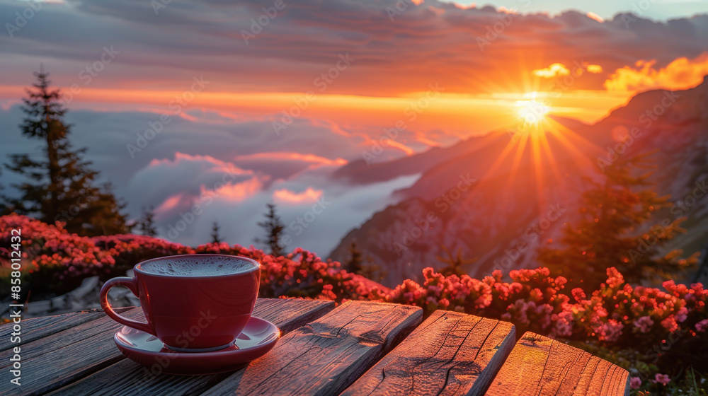 Wall mural Cup of hot coffee on wooden table with mountain background at sunrise, copy space, background